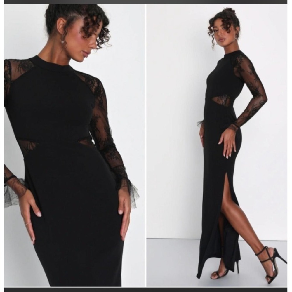 Lulus Bragging Rights Lace Long Sleeve Column Maxi Dress Black NEW! - Picture 2 of 11
